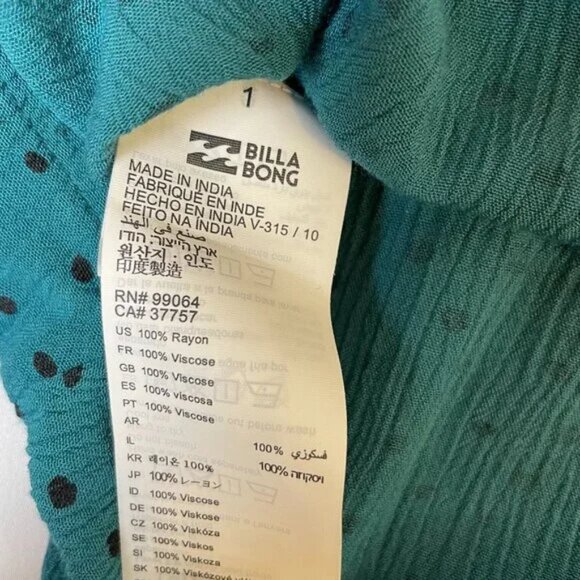 Billabong Polka Dot Wrap Blouse Long Sleeves V Neck Teal Blue Green Black Size M - Picture 8 of 9
